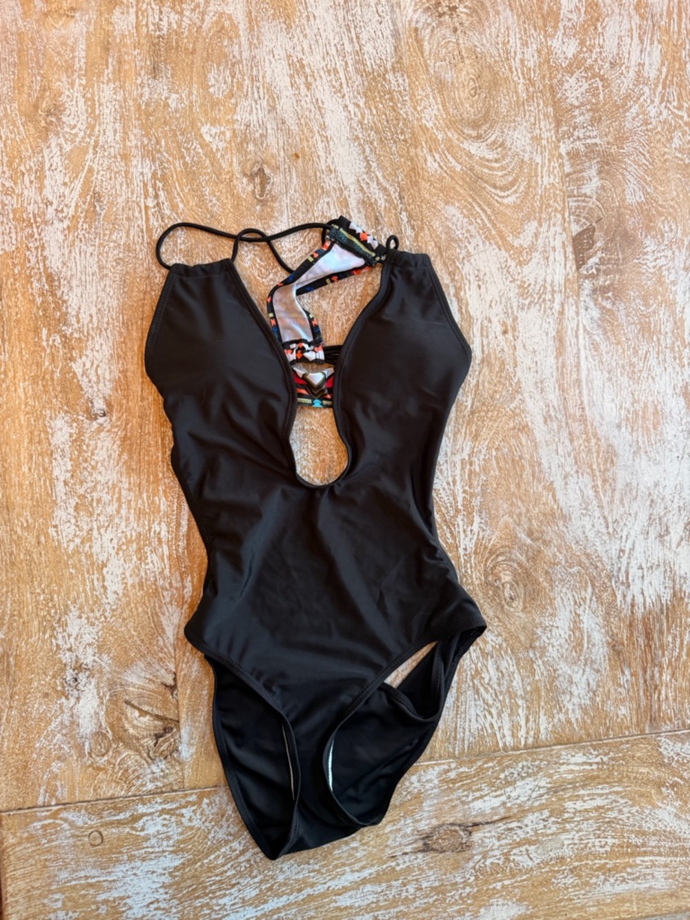 Black One-Piece Swim Suit with Multicolor Back Detail